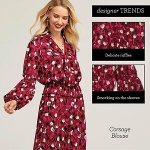 NWOT CABI Corsage floral Blouse Size M Bishop Sleeves Ruffle Smocked V-Neck Top